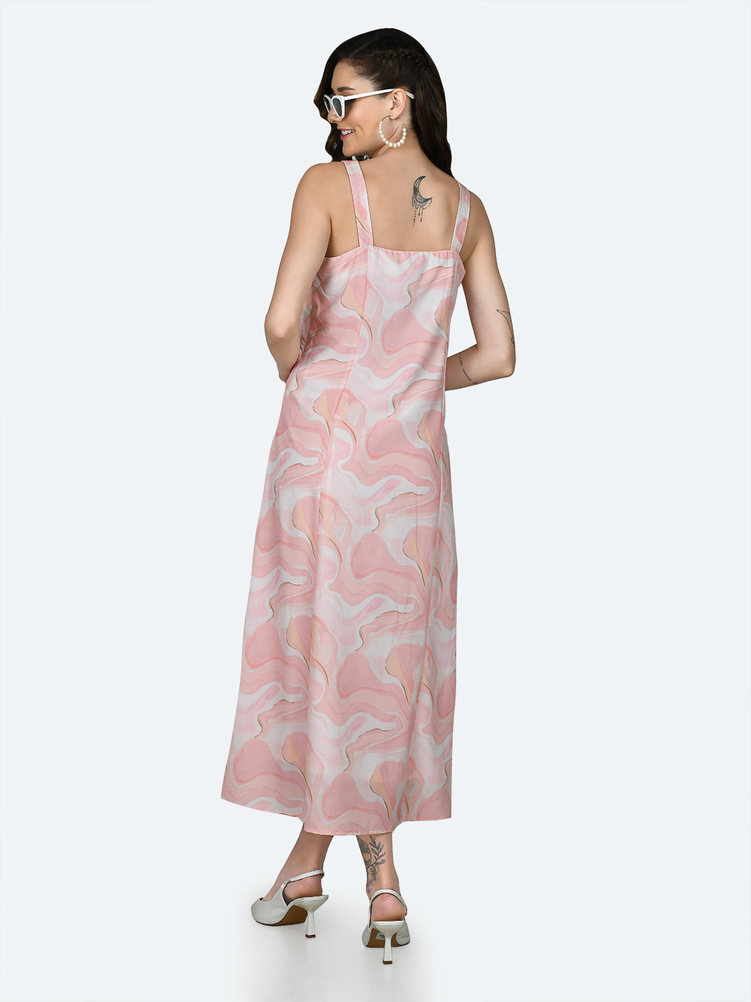 Peach Printed Strappy Maxi Dress