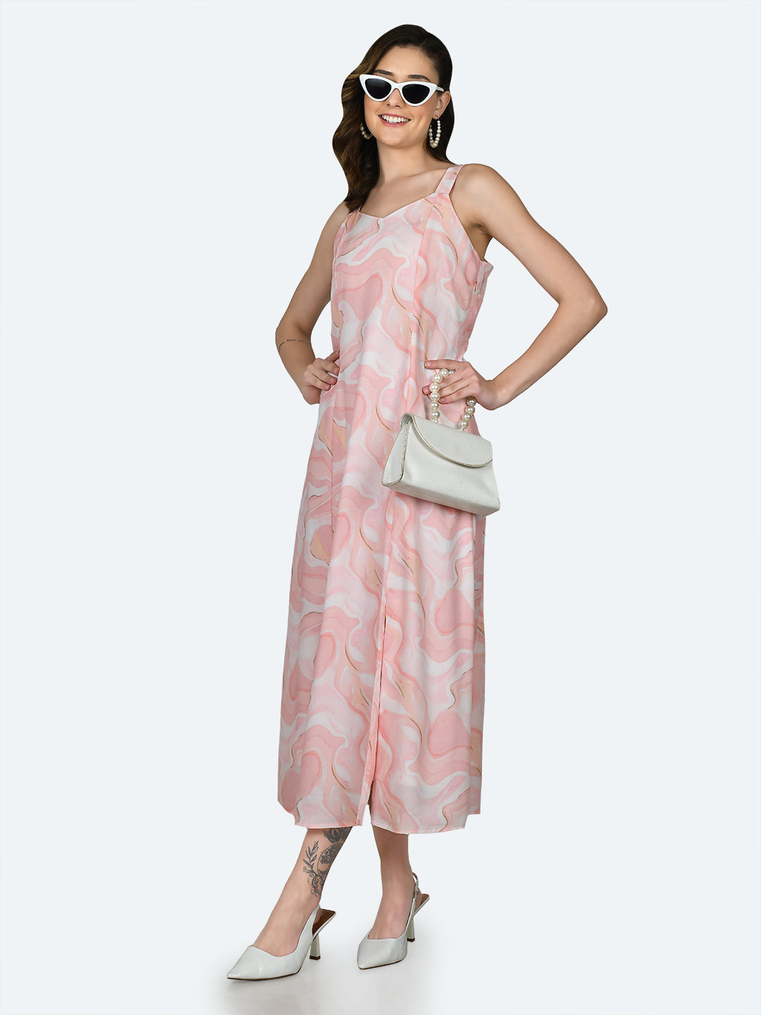 Peach Printed Strappy Maxi Dress