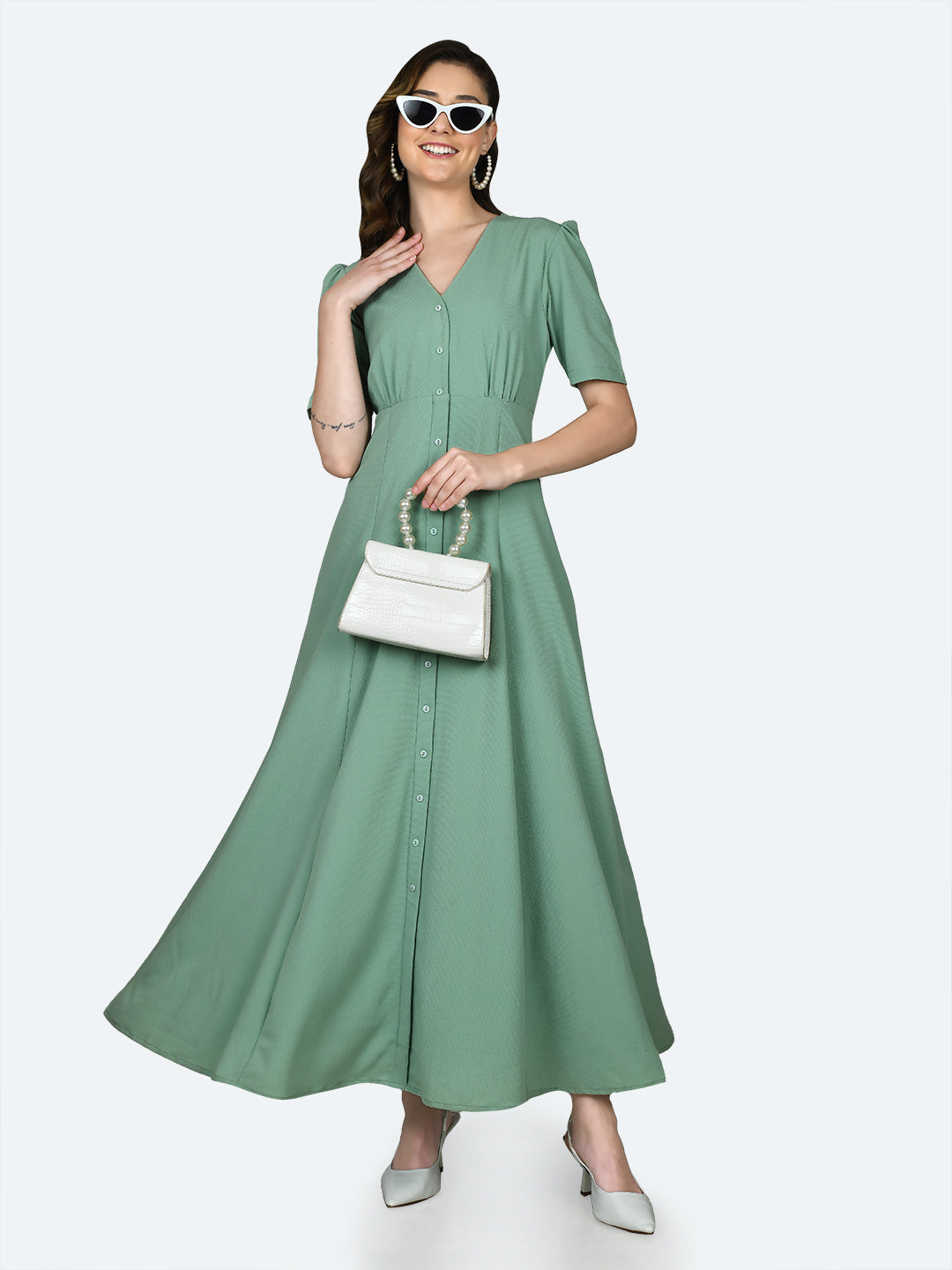 Green Solid Puff Sleeve Maxi Dress
