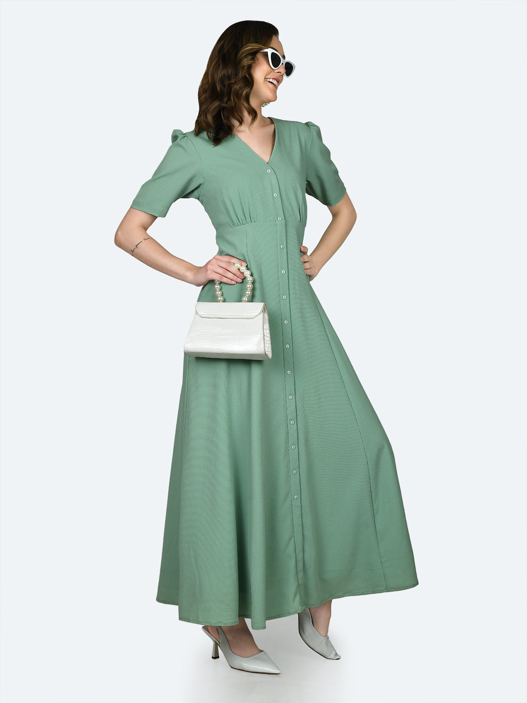 Green Solid Puff Sleeve Maxi Dress