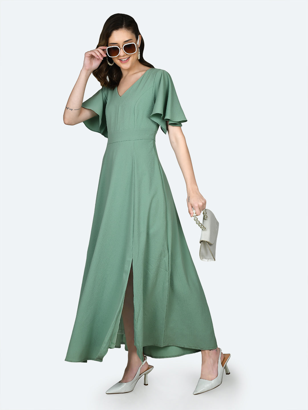 Green Solid Puff Sleeve Maxi Dress