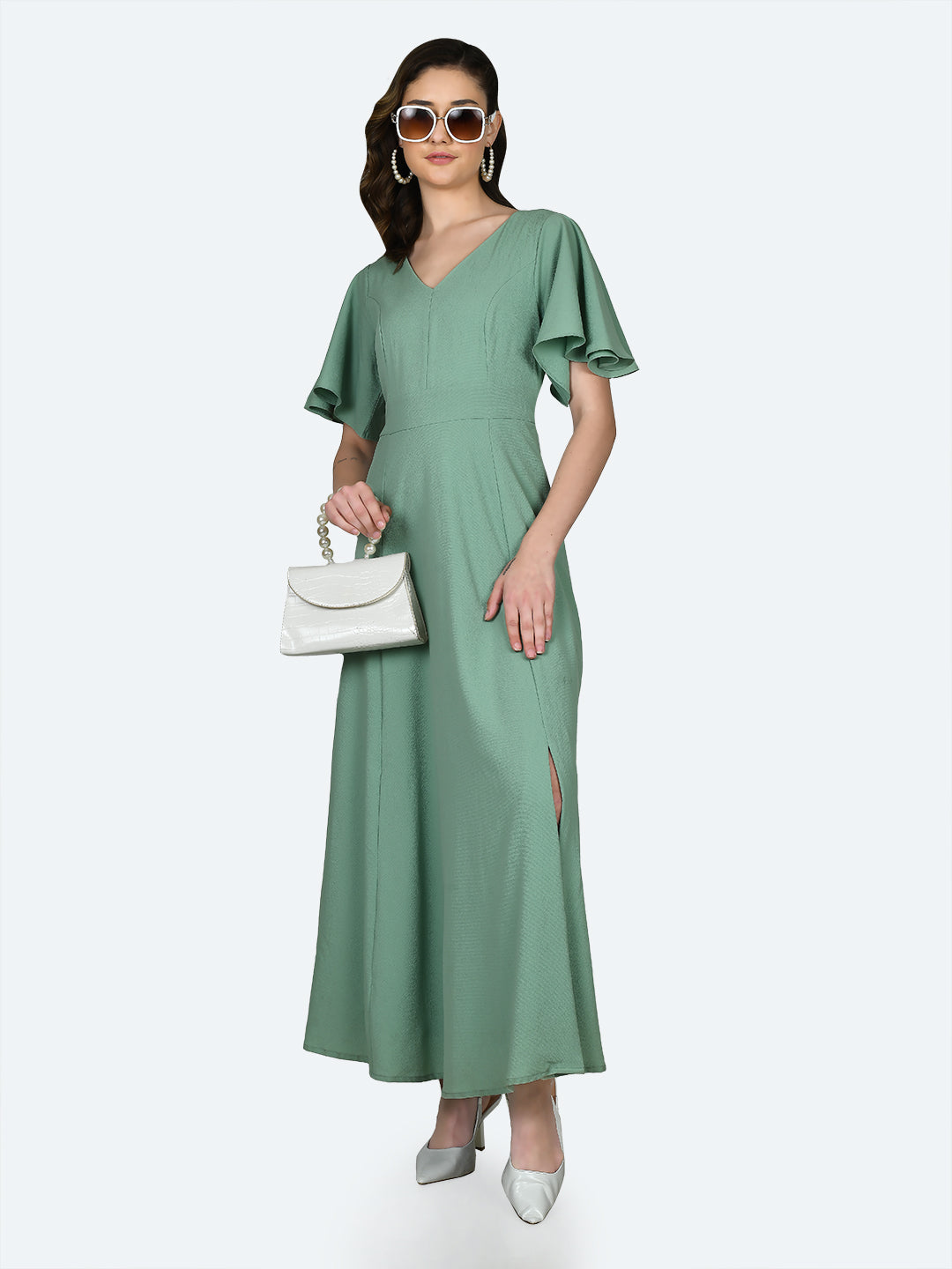 Green Solid Puff Sleeve Maxi Dress