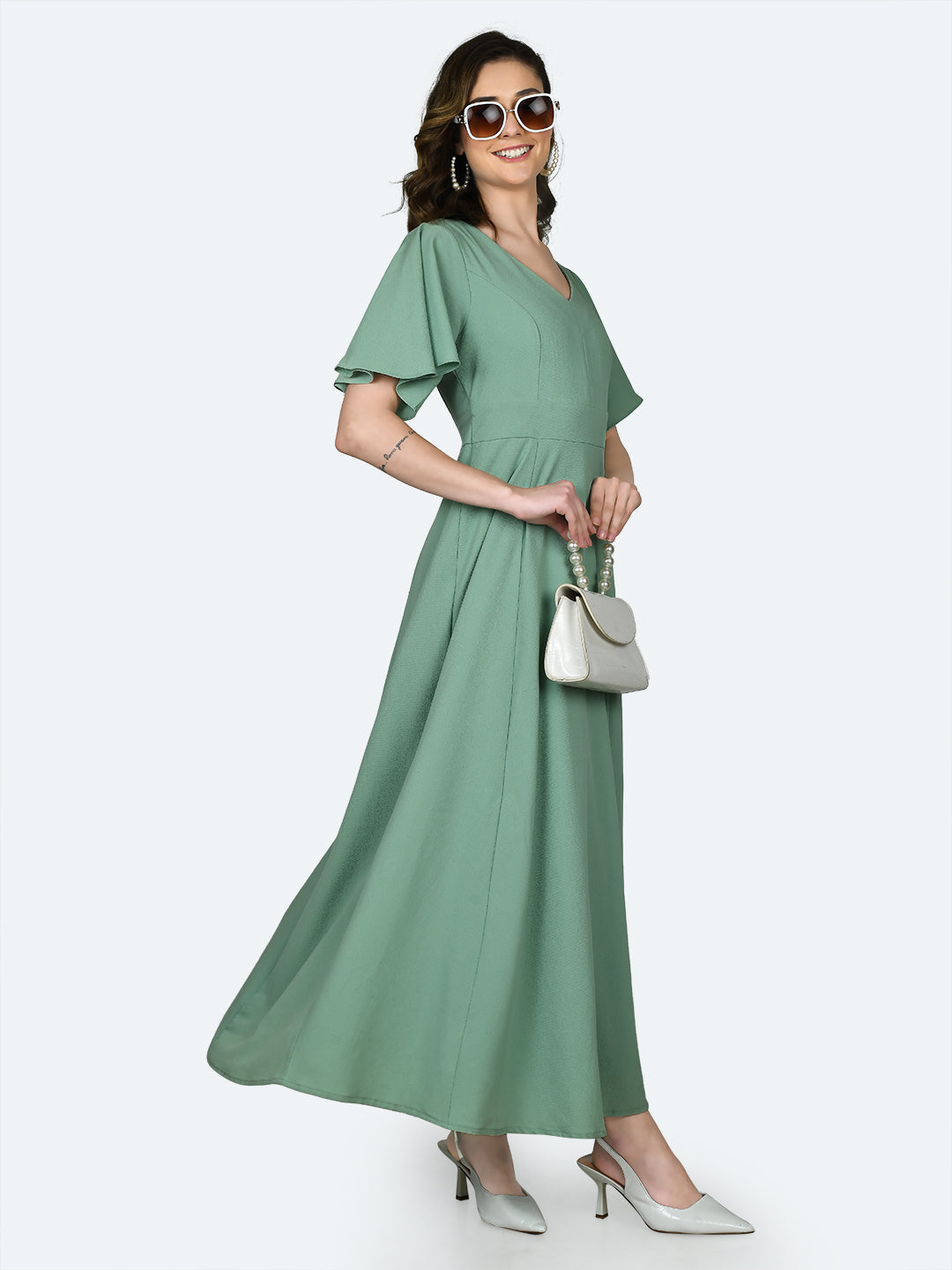 Green Solid Puff Sleeve Maxi Dress