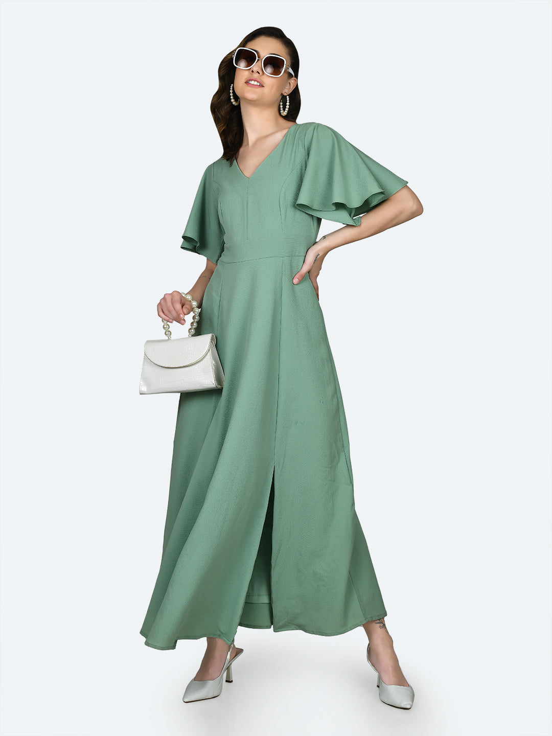 Green Solid Puff Sleeve Maxi Dress