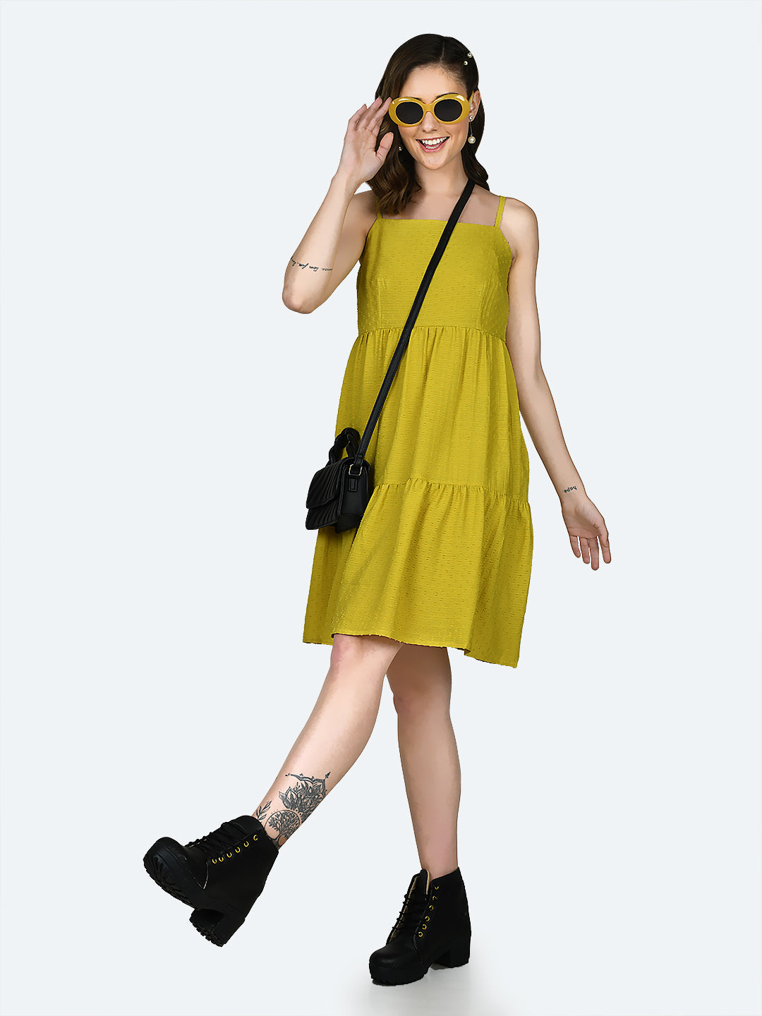 Yellow Self Design Strappy Short Dress