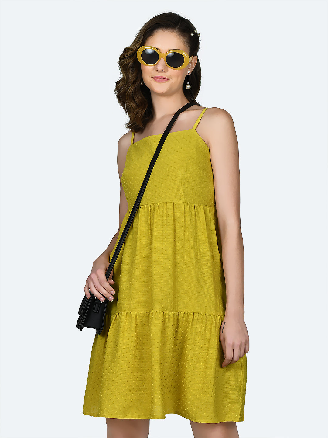 Yellow Self Design Strappy Short Dress