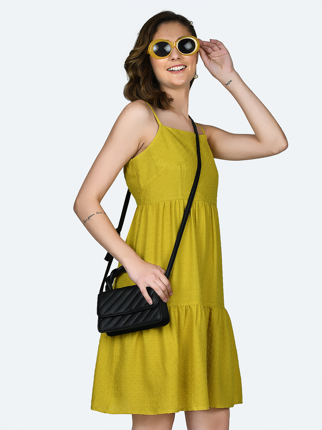 Yellow Self Design Strappy Short Dress For Women