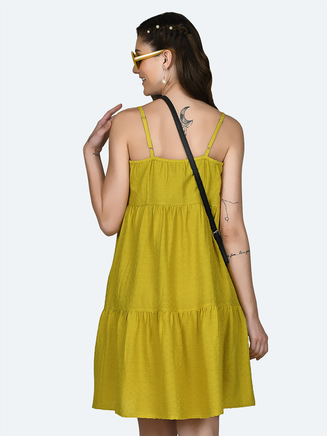 Yellow Self Design Strappy Short Dress