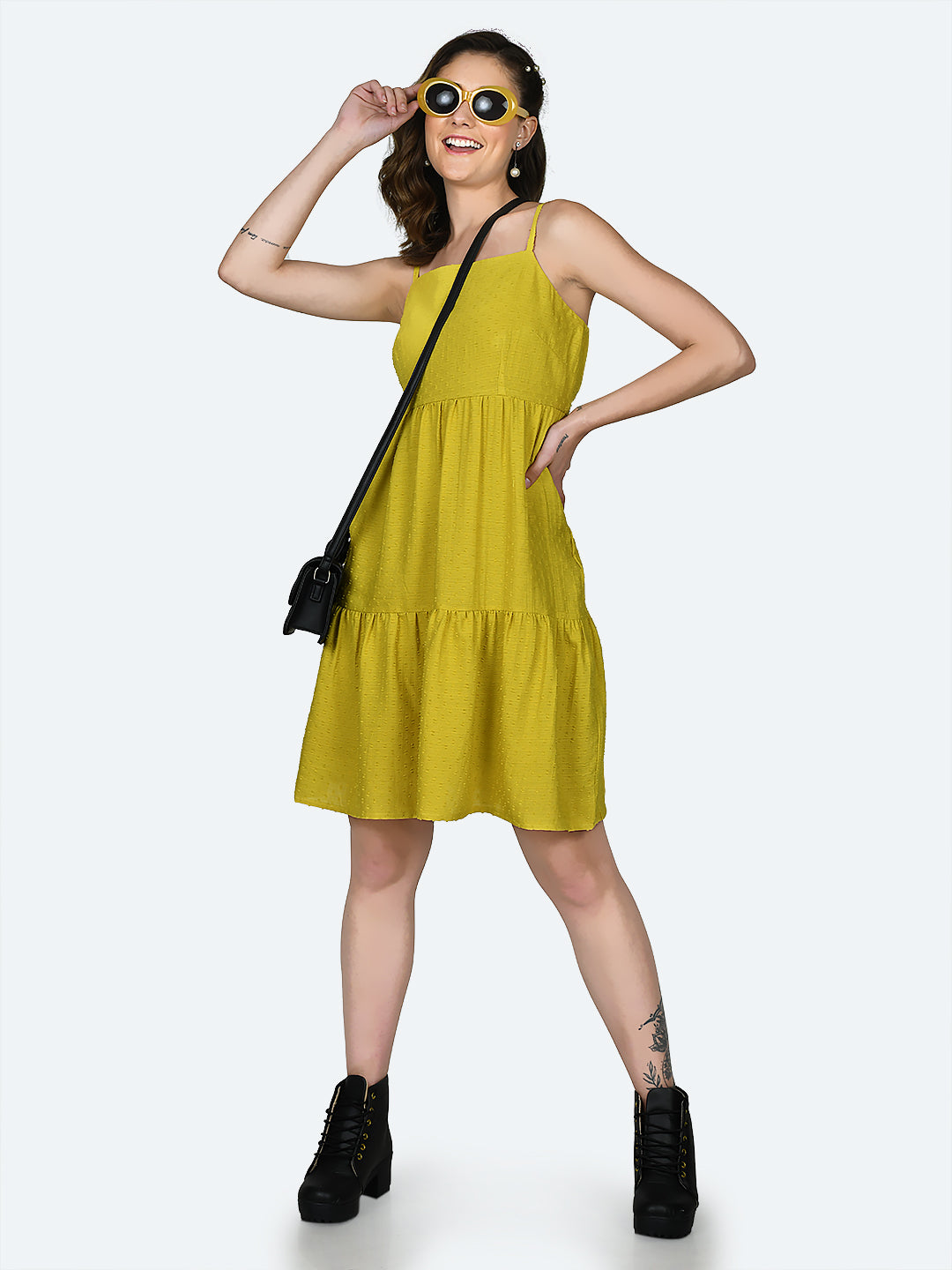 Yellow Self Design Strappy Short Dress For Women