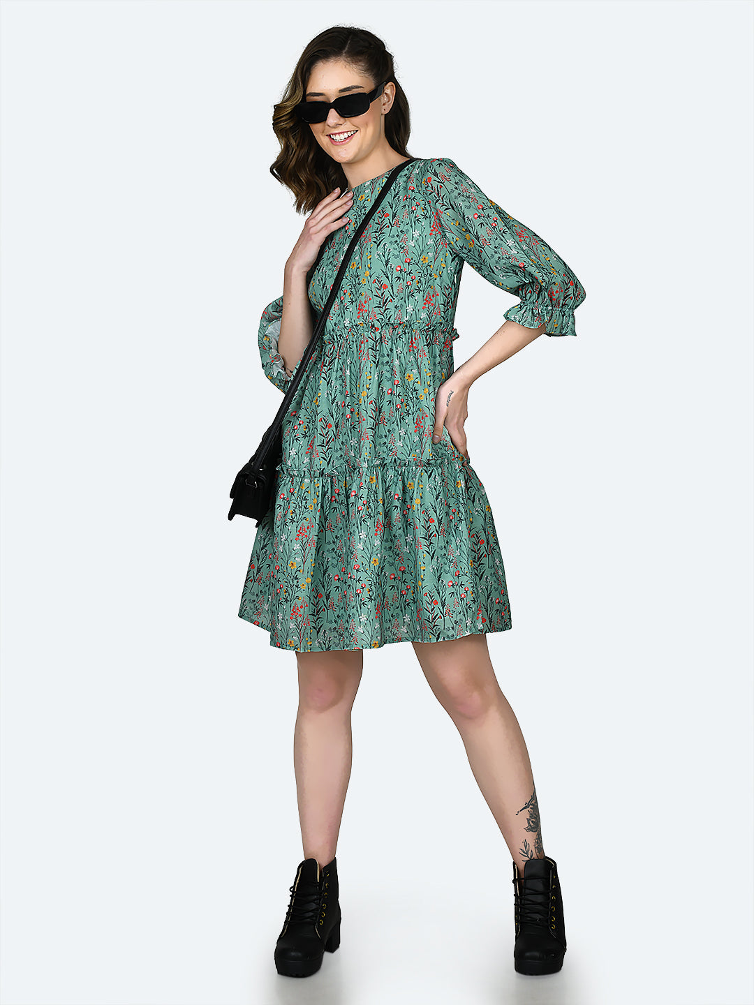 Green Printed Gathered Short Dress