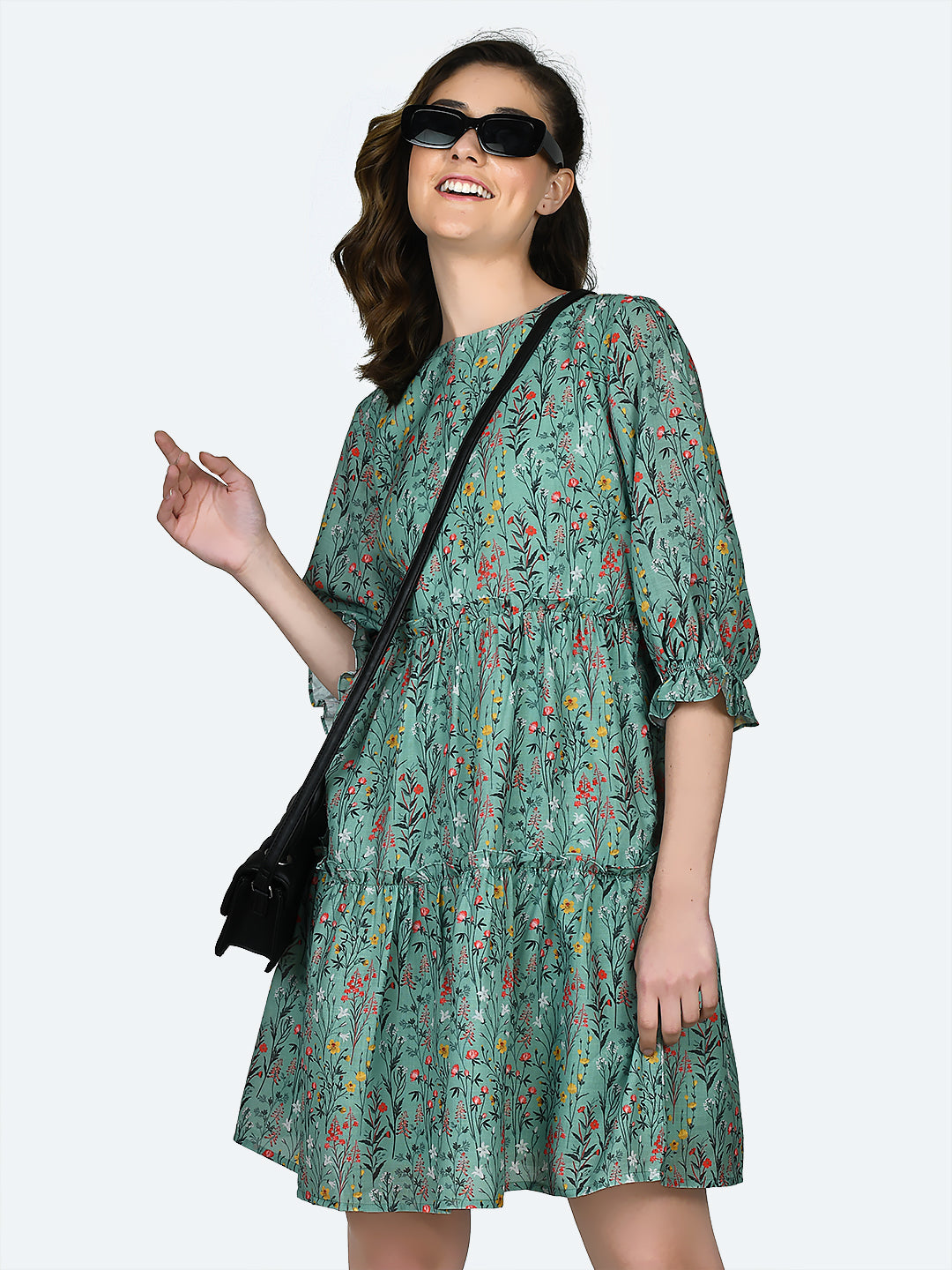 Green Printed Gathered Short Dress