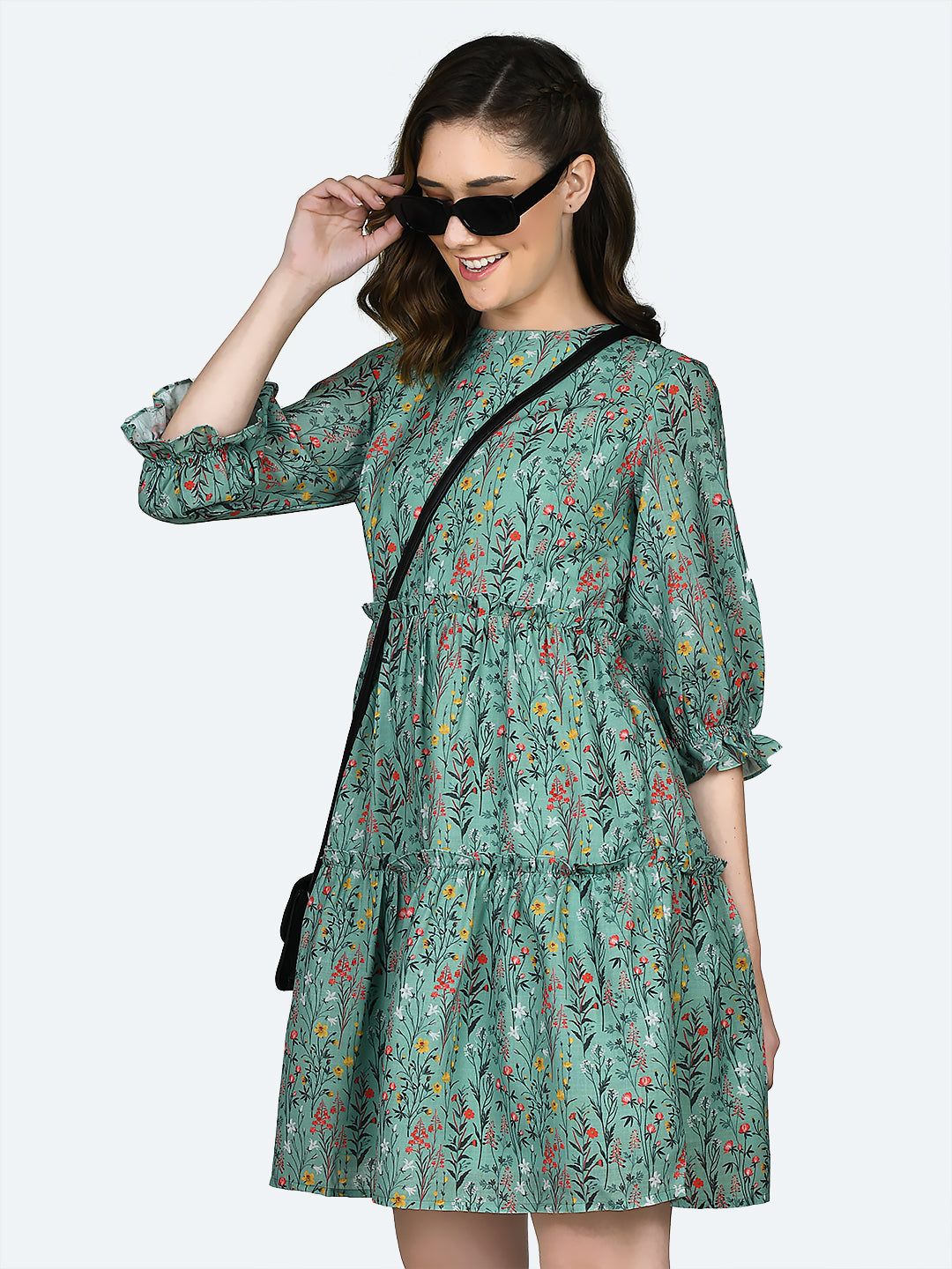 Green Printed Gathered Short Dress