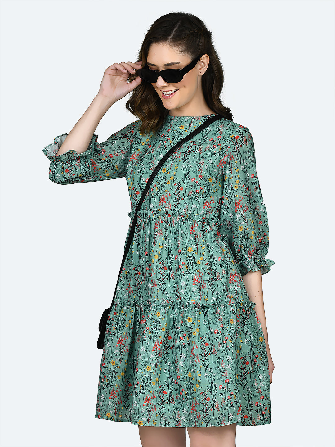 Green Printed Gathered Short Dress For Women