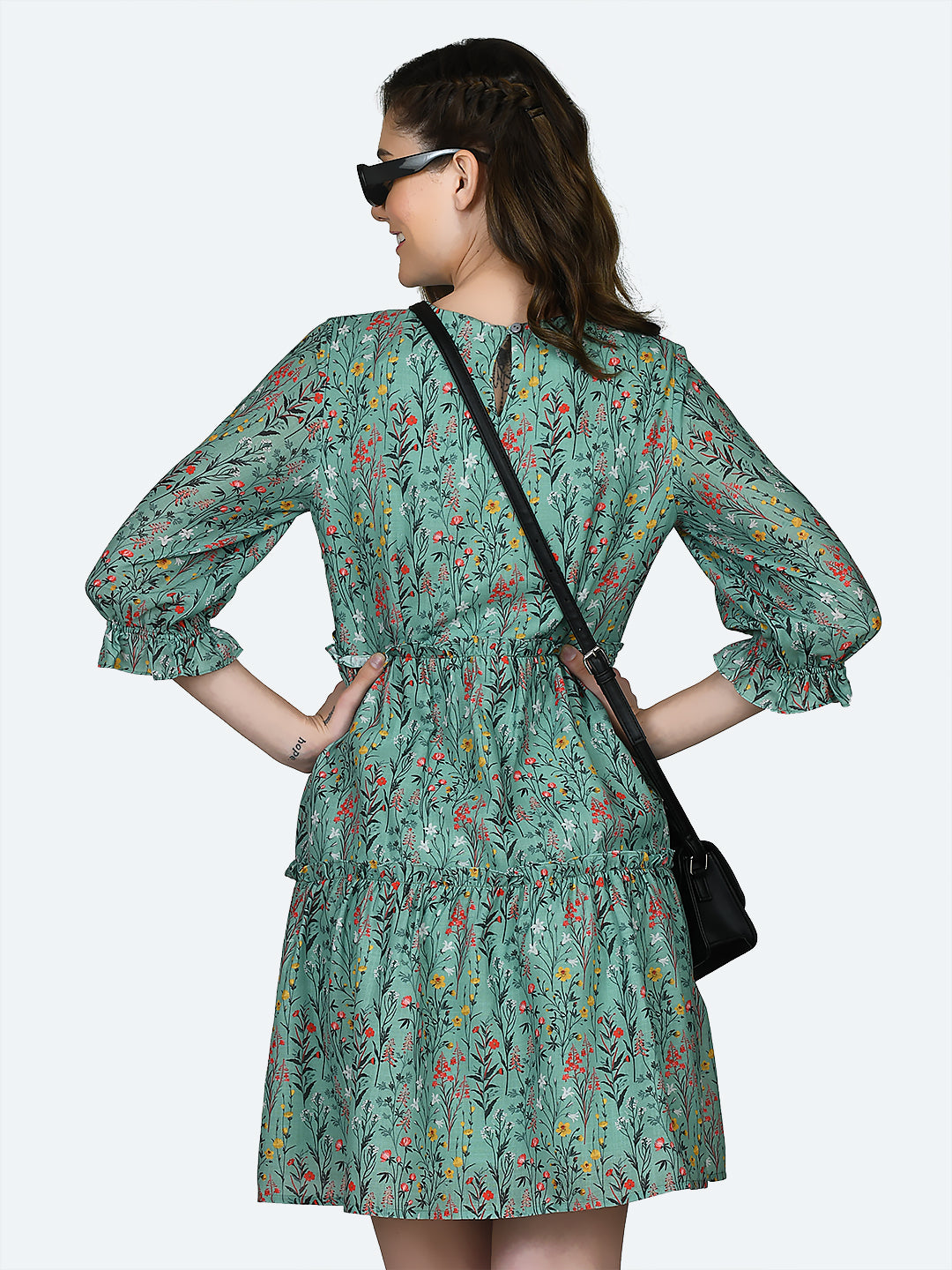 Green Printed Gathered Short Dress