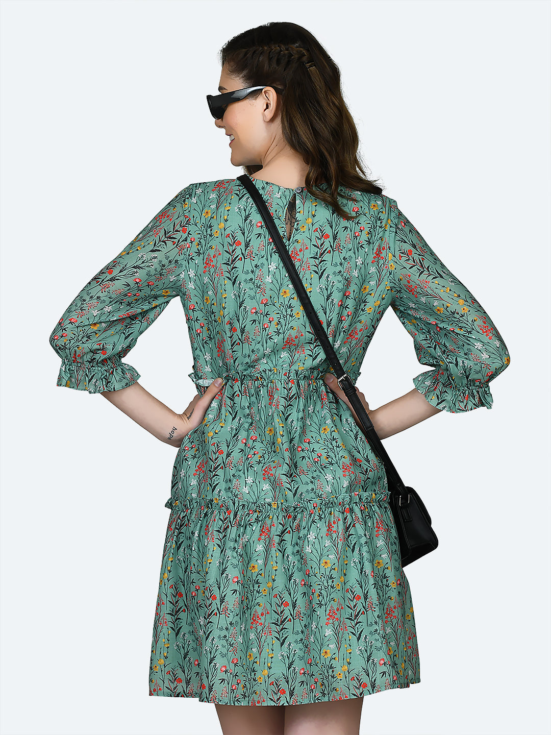 Green Printed Gathered Short Dress For Women