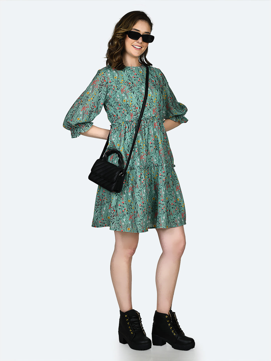 Green Printed Gathered Short Dress