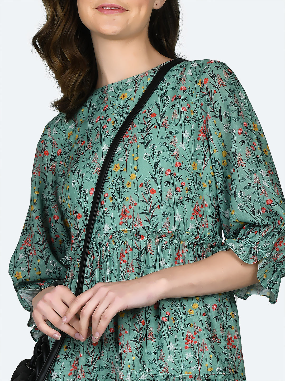 Green Printed Gathered Short Dress