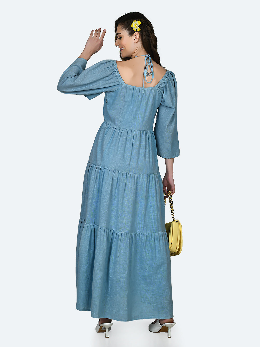 Blue Self Design Tiered Maxi Dress