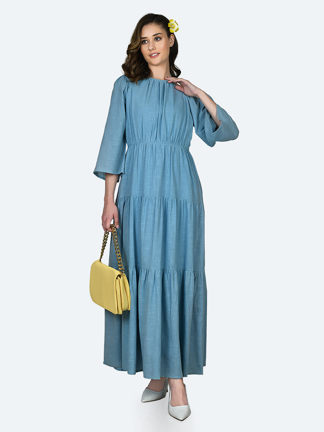 Blue Self Design Tiered Maxi Dress