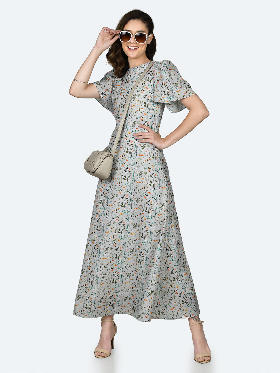 White Printed Puff Sleeve Maxi Dress