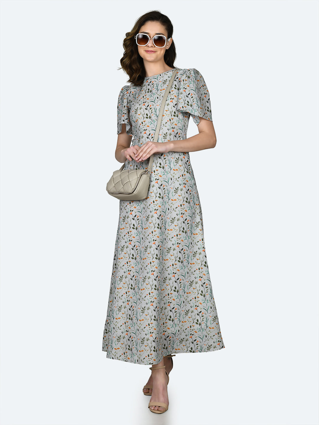 White Printed Puff Sleeve Maxi Dress For Women