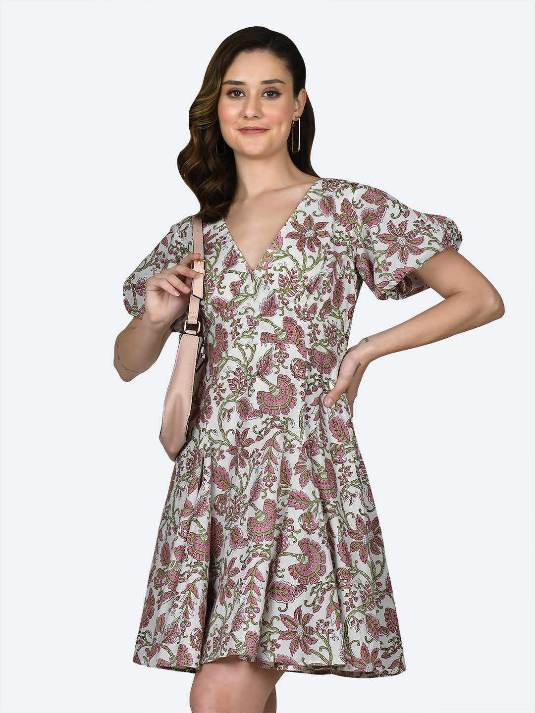 White Tropical Print Short Dress For Women