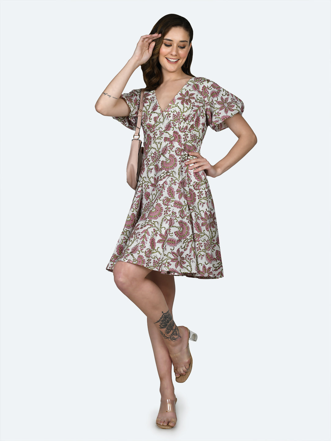 White Tropical Print Short Dress For Women