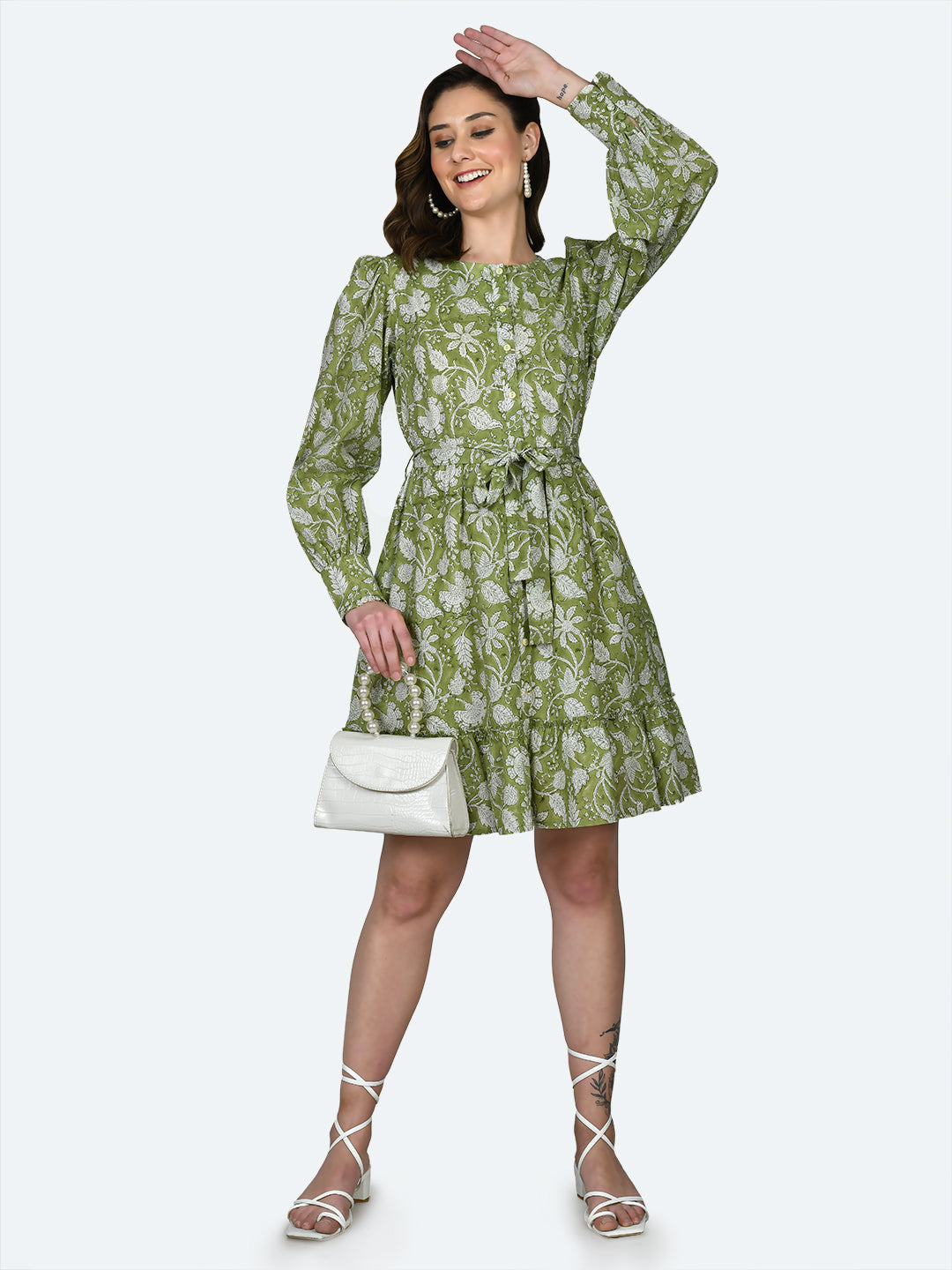 Green Tropical Print Short Dress