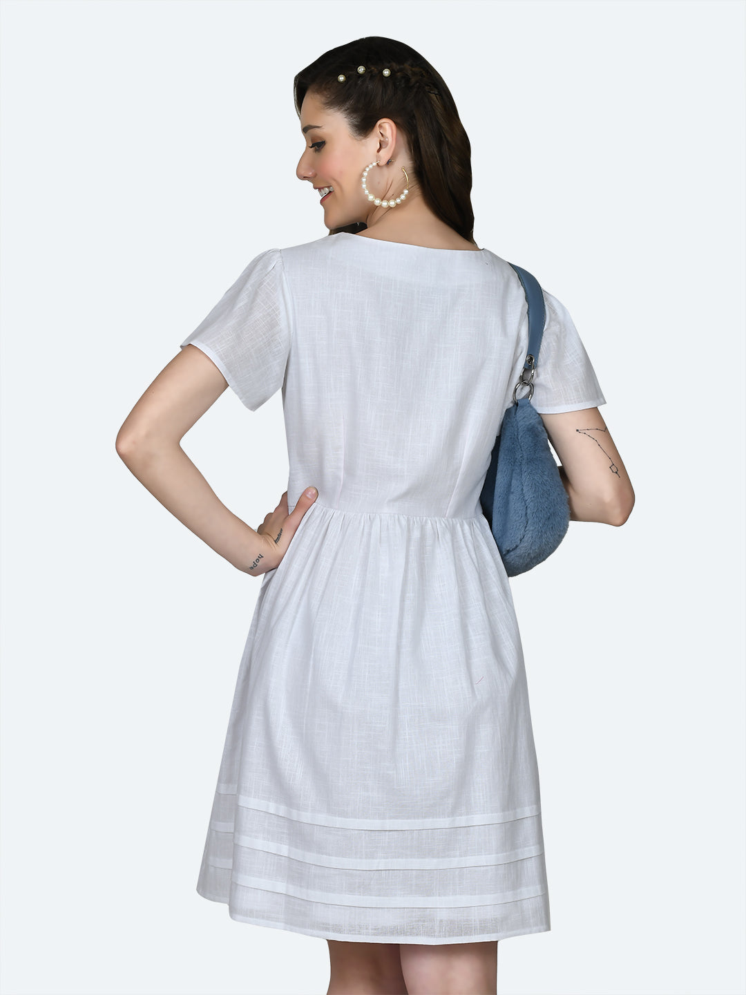 White Solid Short Dress For Women