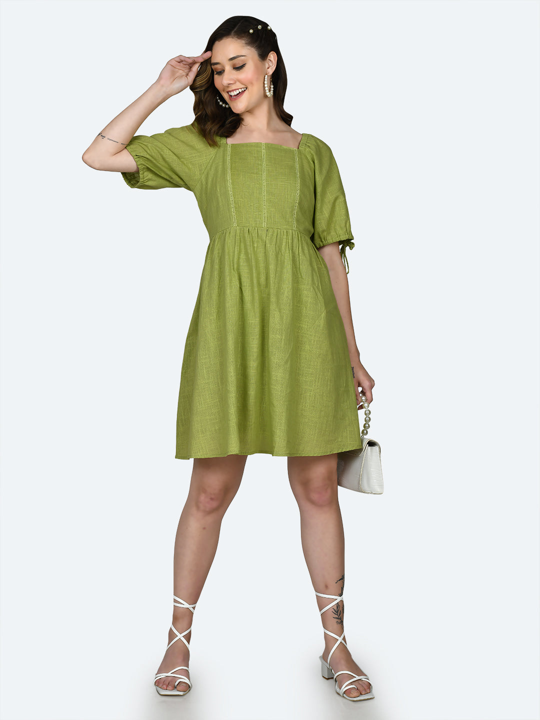 Green Solid Short Dress