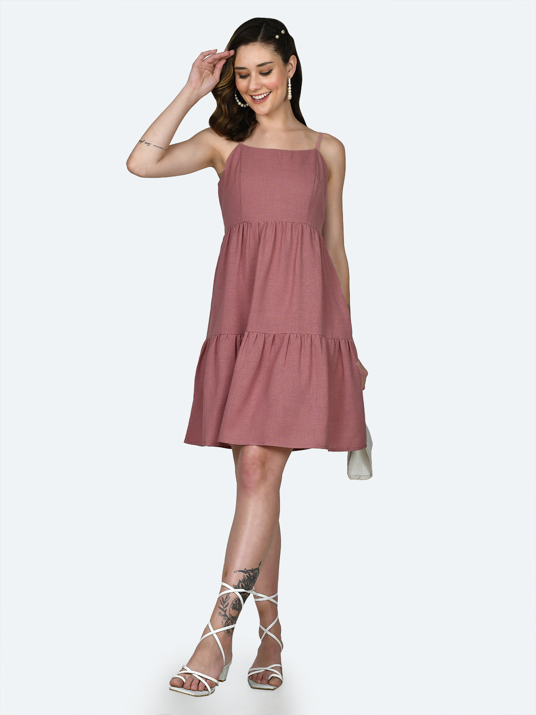 Pink Solid Short Dress For Women