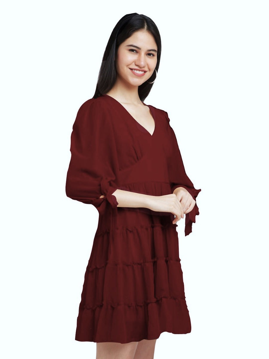 Maroon Solid Short Dress