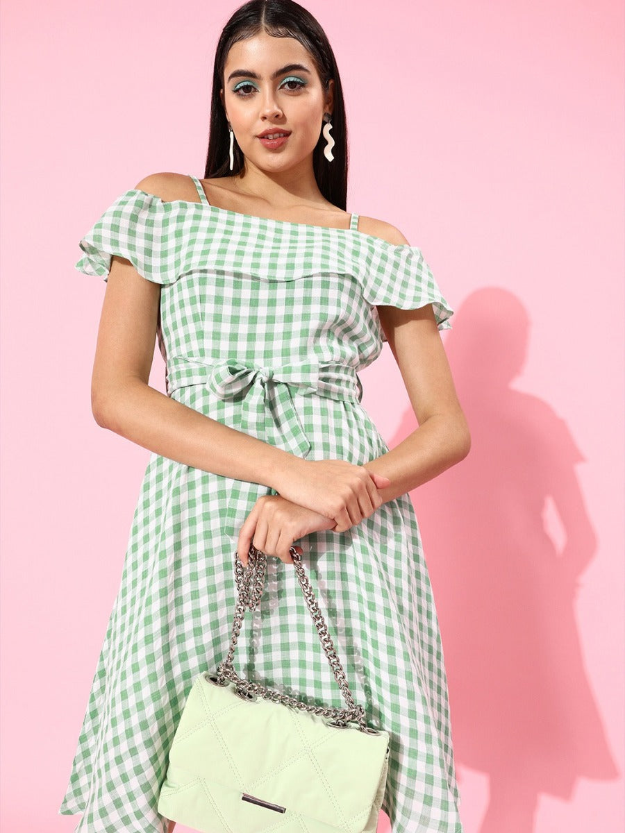 Green Checked Short Dress