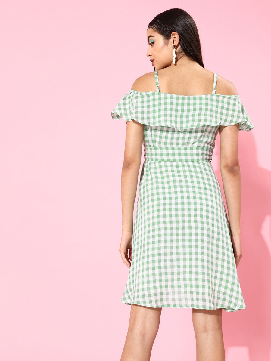Green Checked Short Dress For Women