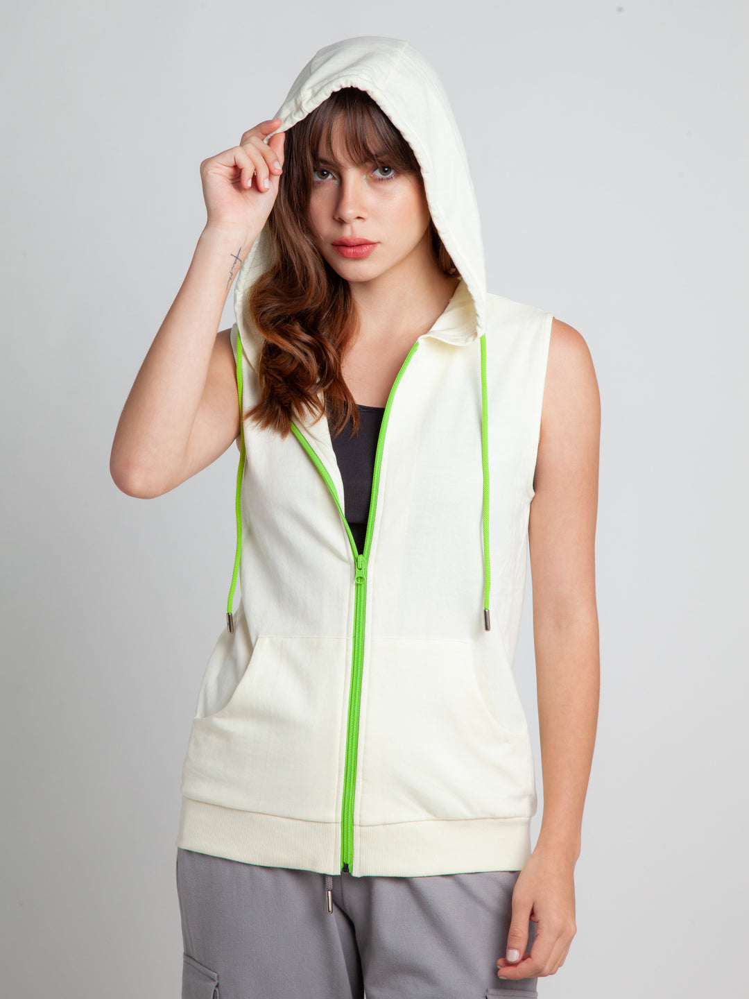 White Solid Hoodie Jacket For Women