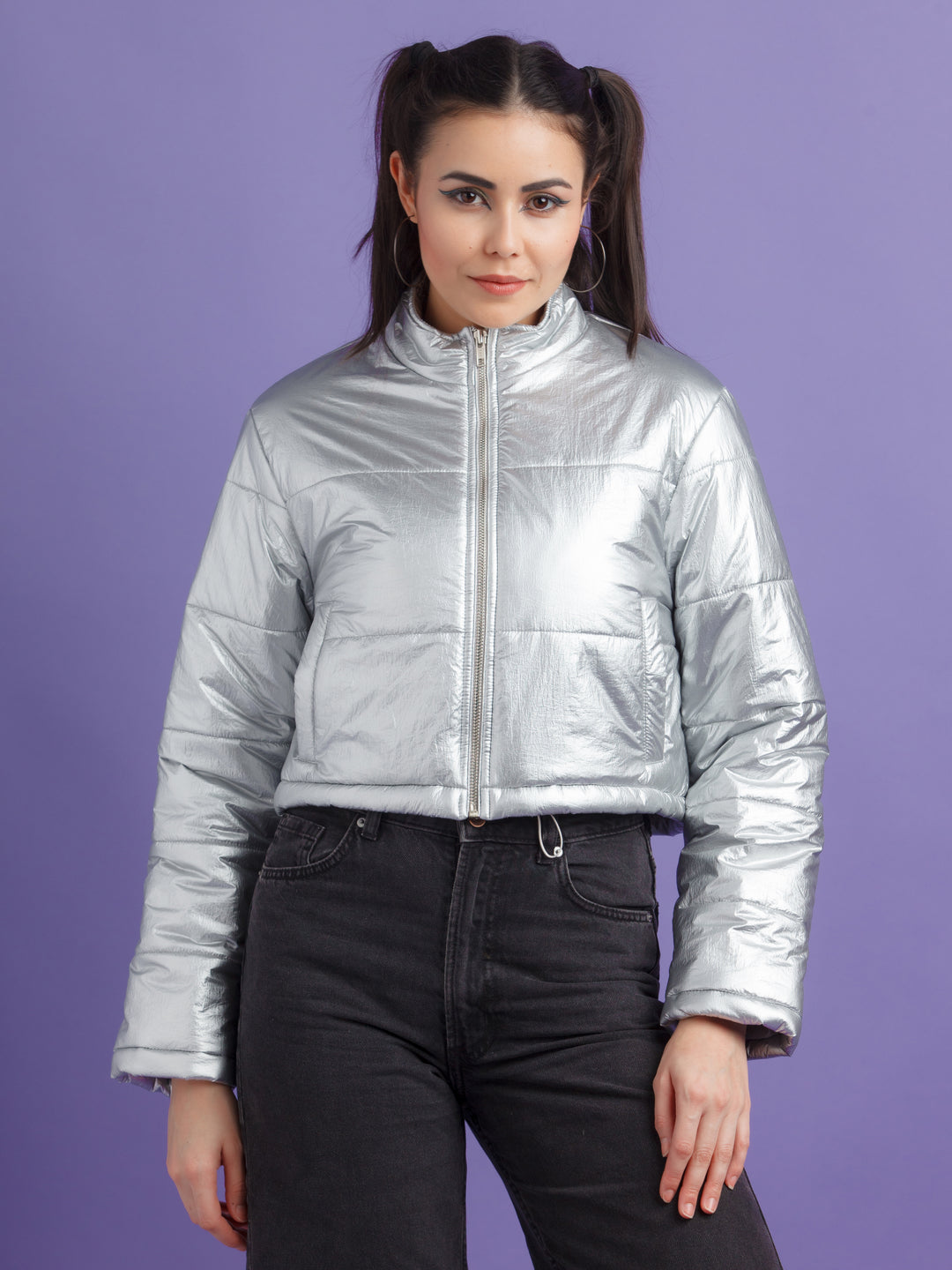 Silver Solid Jacket For Women