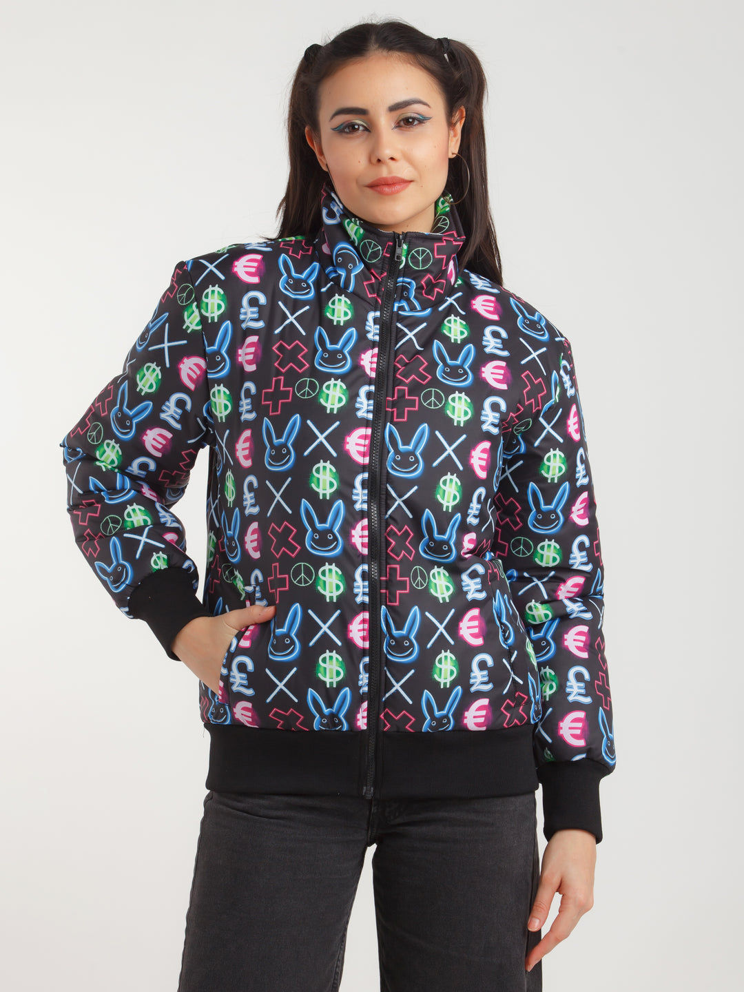 Black Graphic Print Jacket For Women