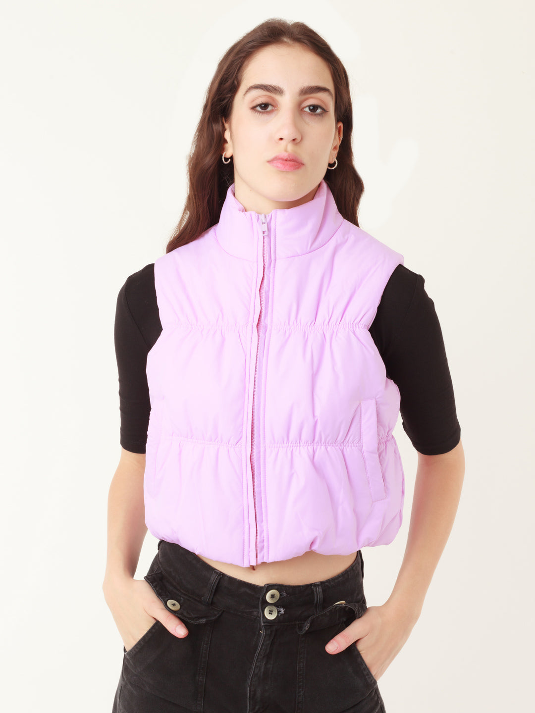 Purple Solid Quilted Jacket For Women