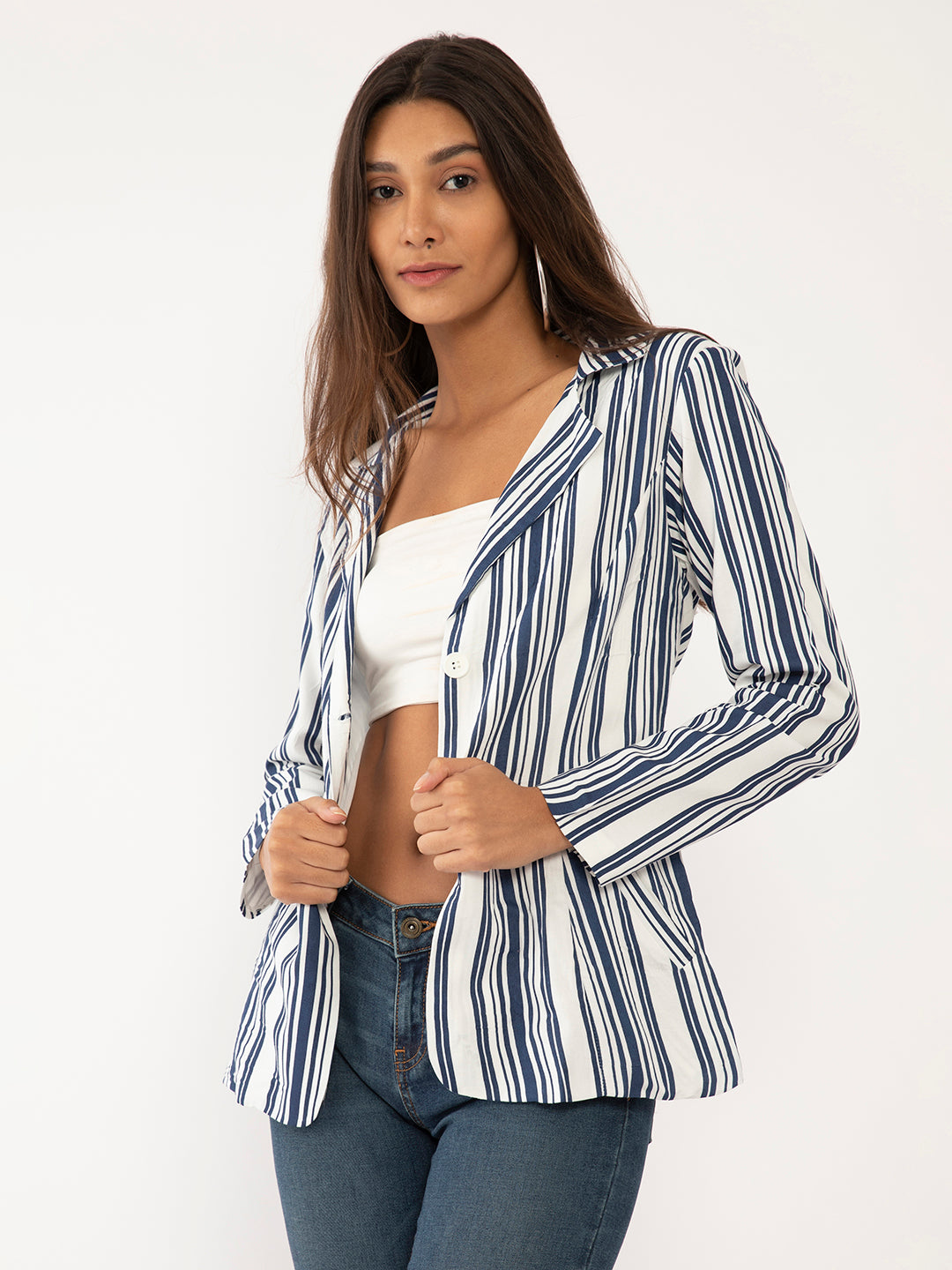 Blue & White Striped Full Sleeve Jacket