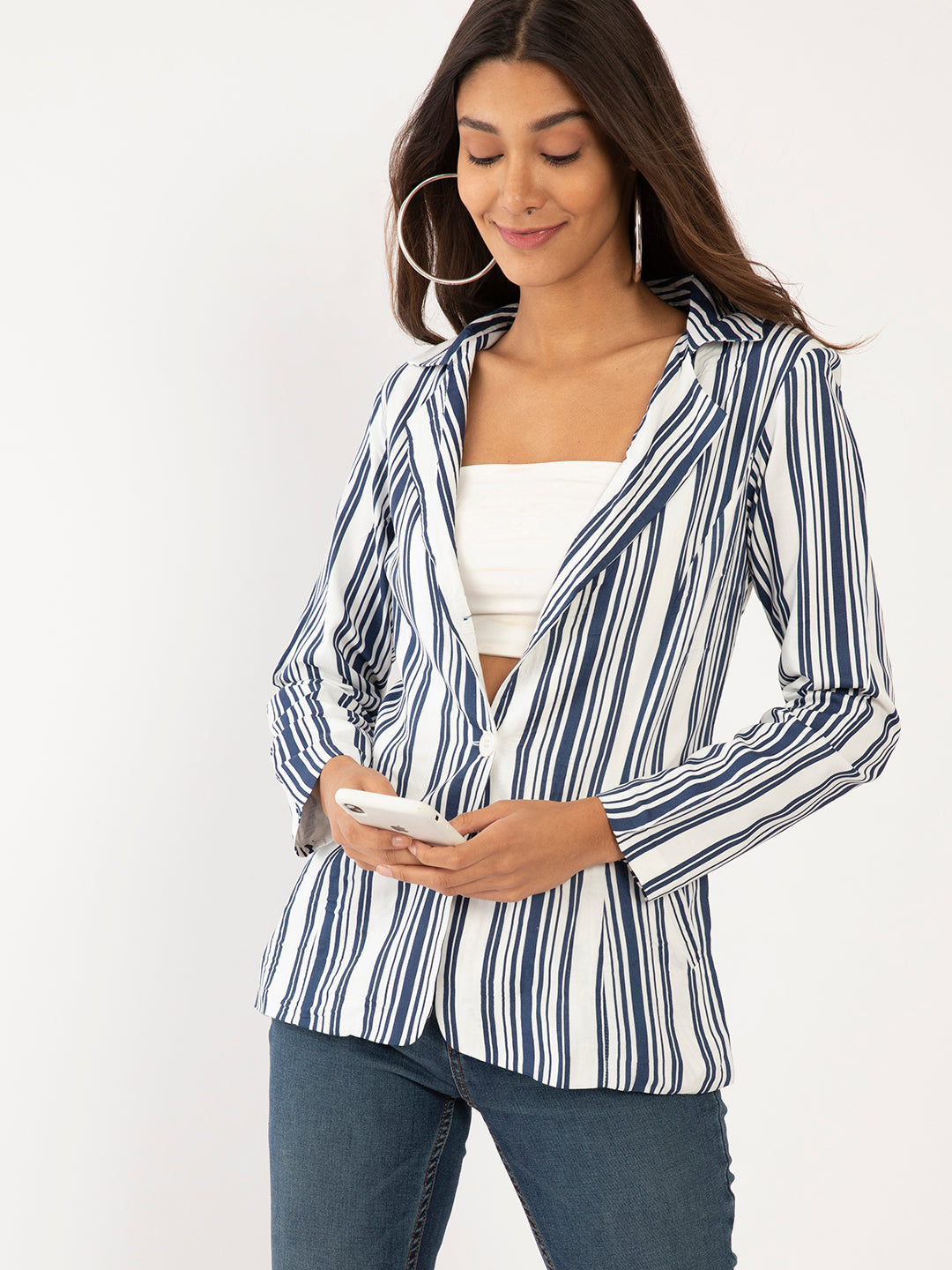 Blue & White Striped Full Sleeve Jacket