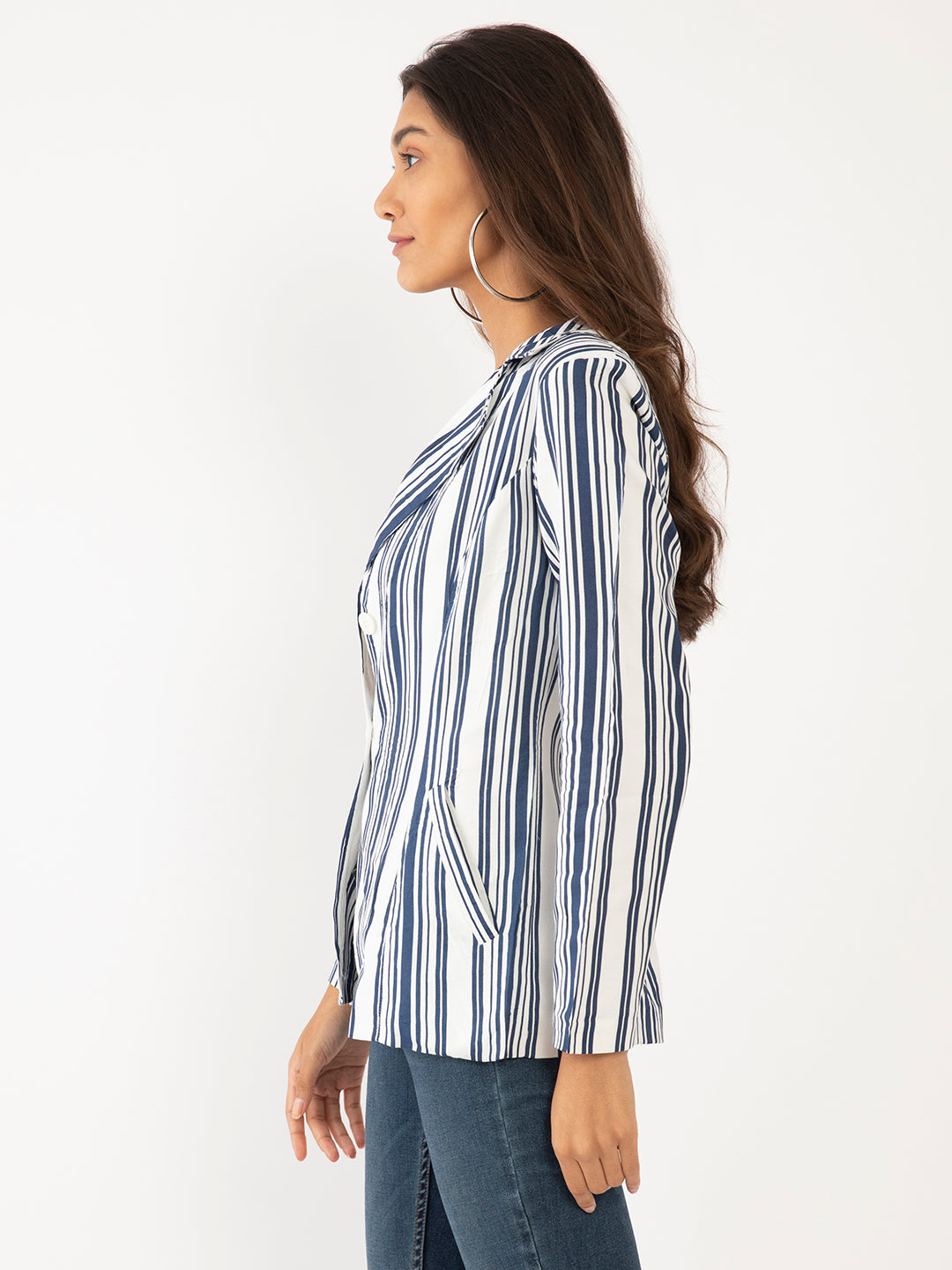 Blue & White Striped Full Sleeve Jacket