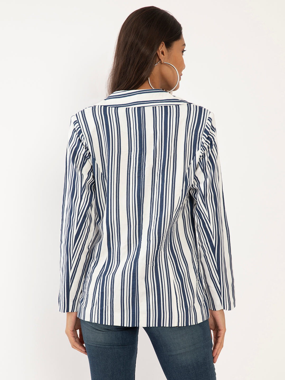 Blue & White Striped Full Sleeve Jacket