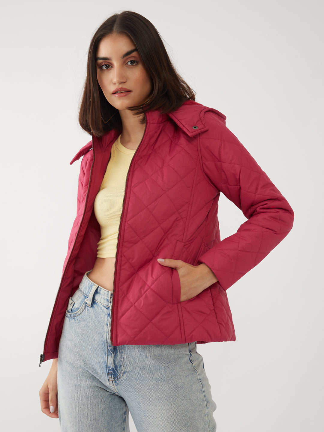 Red Solid Quilted Jacket