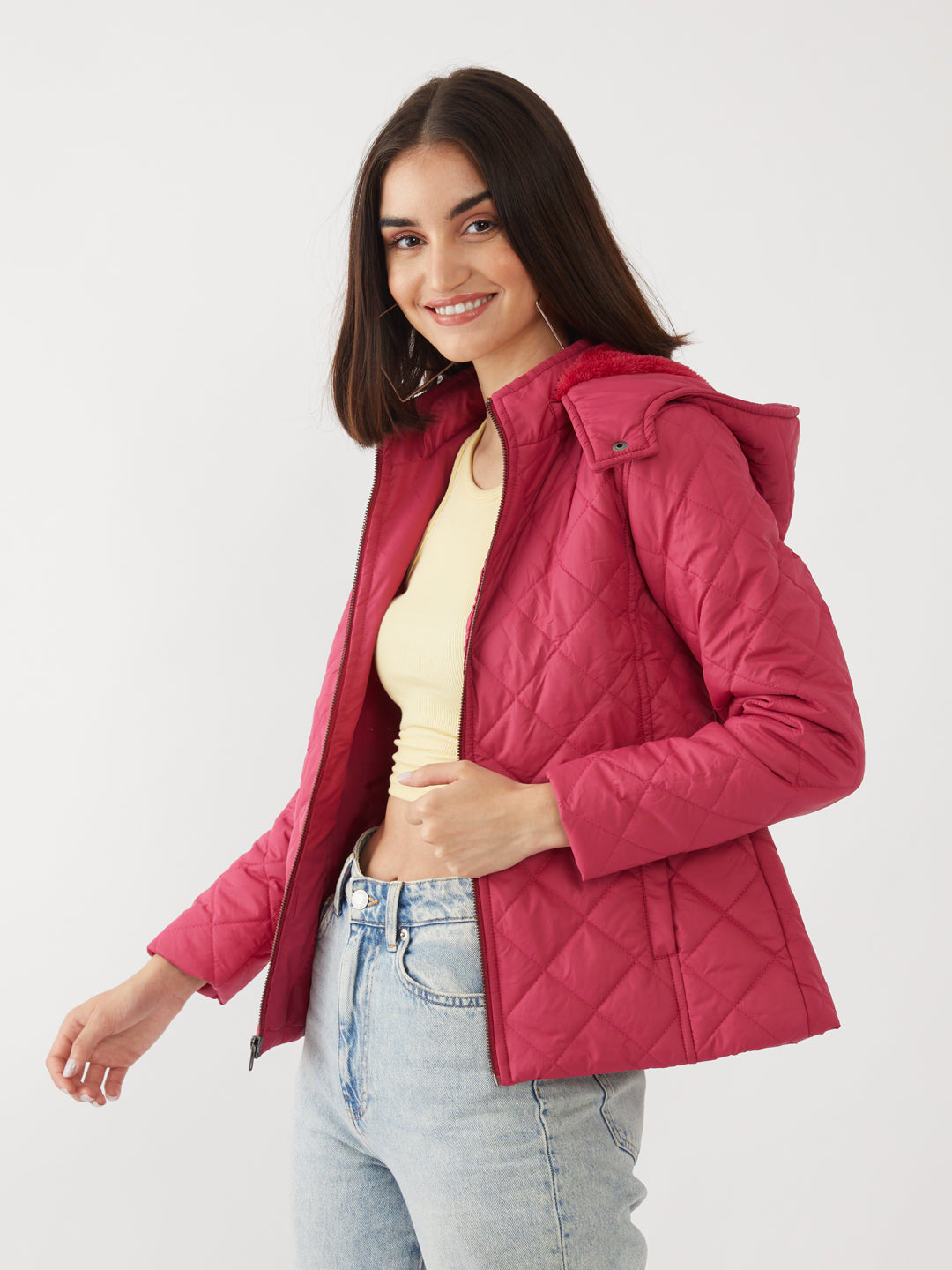 Red Solid Quilted Jacket