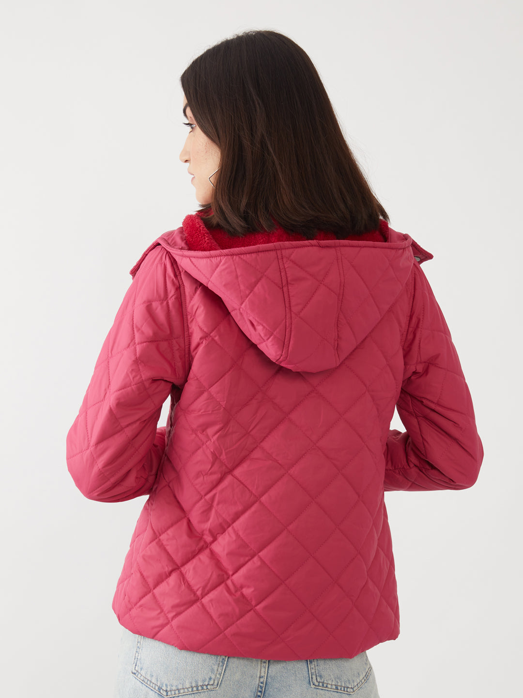 Red Solid Quilted Jacket For Women