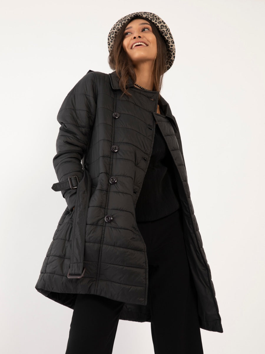 Black Solid Quilted Jacket For Women