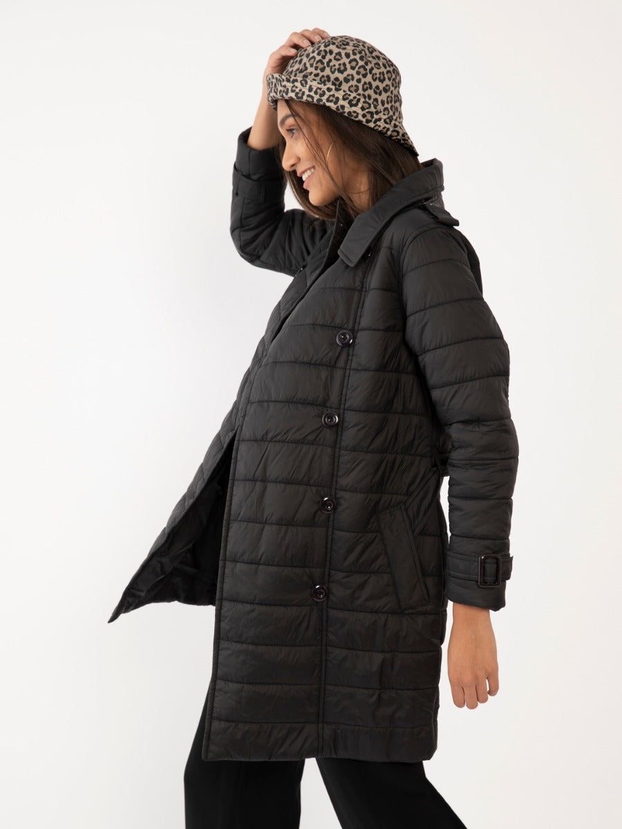 Black Solid Quilted Jacket For Women