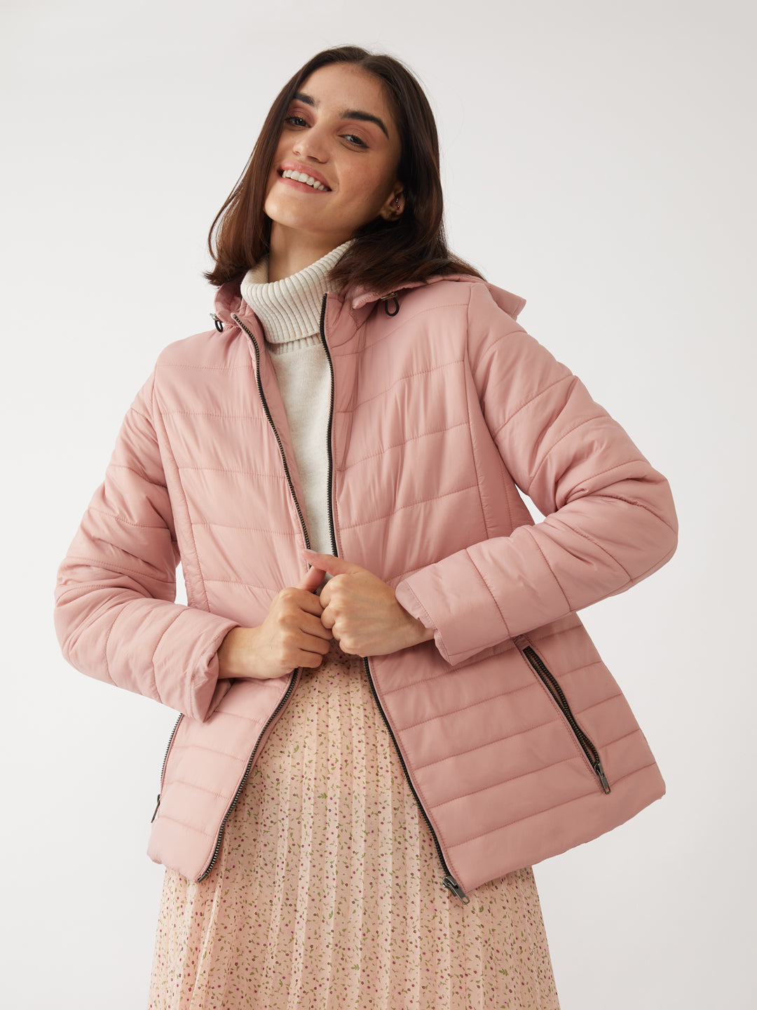 Pink Solid Quilted Jacket