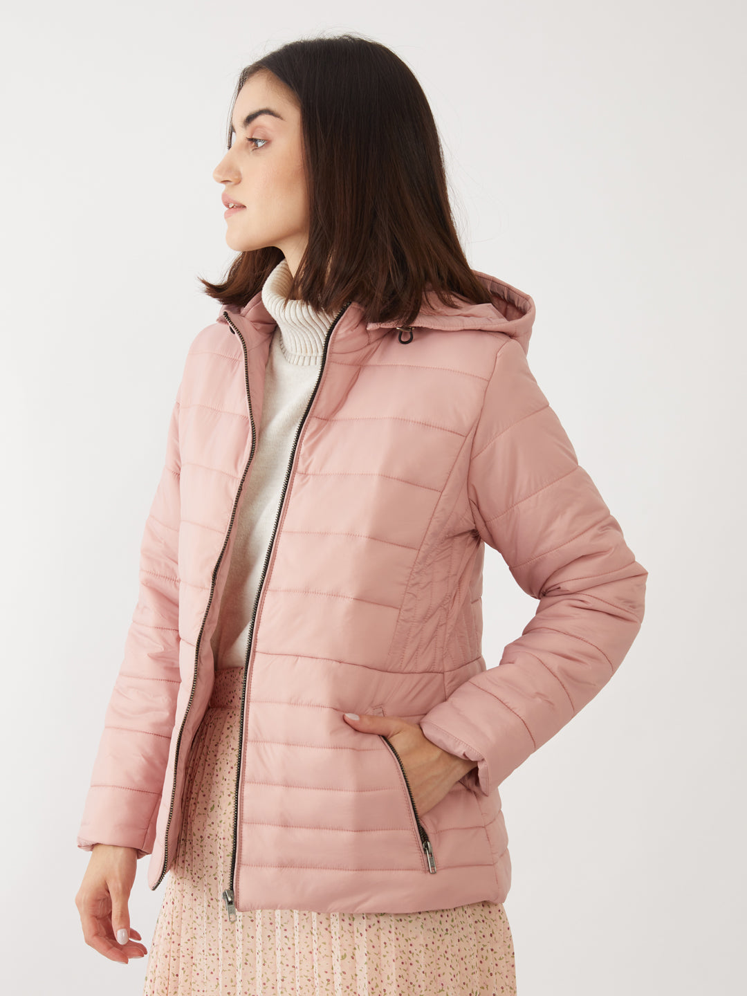 Pink Solid Quilted Jacket