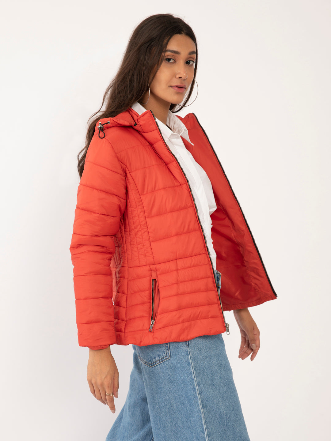 Orange Solid Quilted Jacket For Women